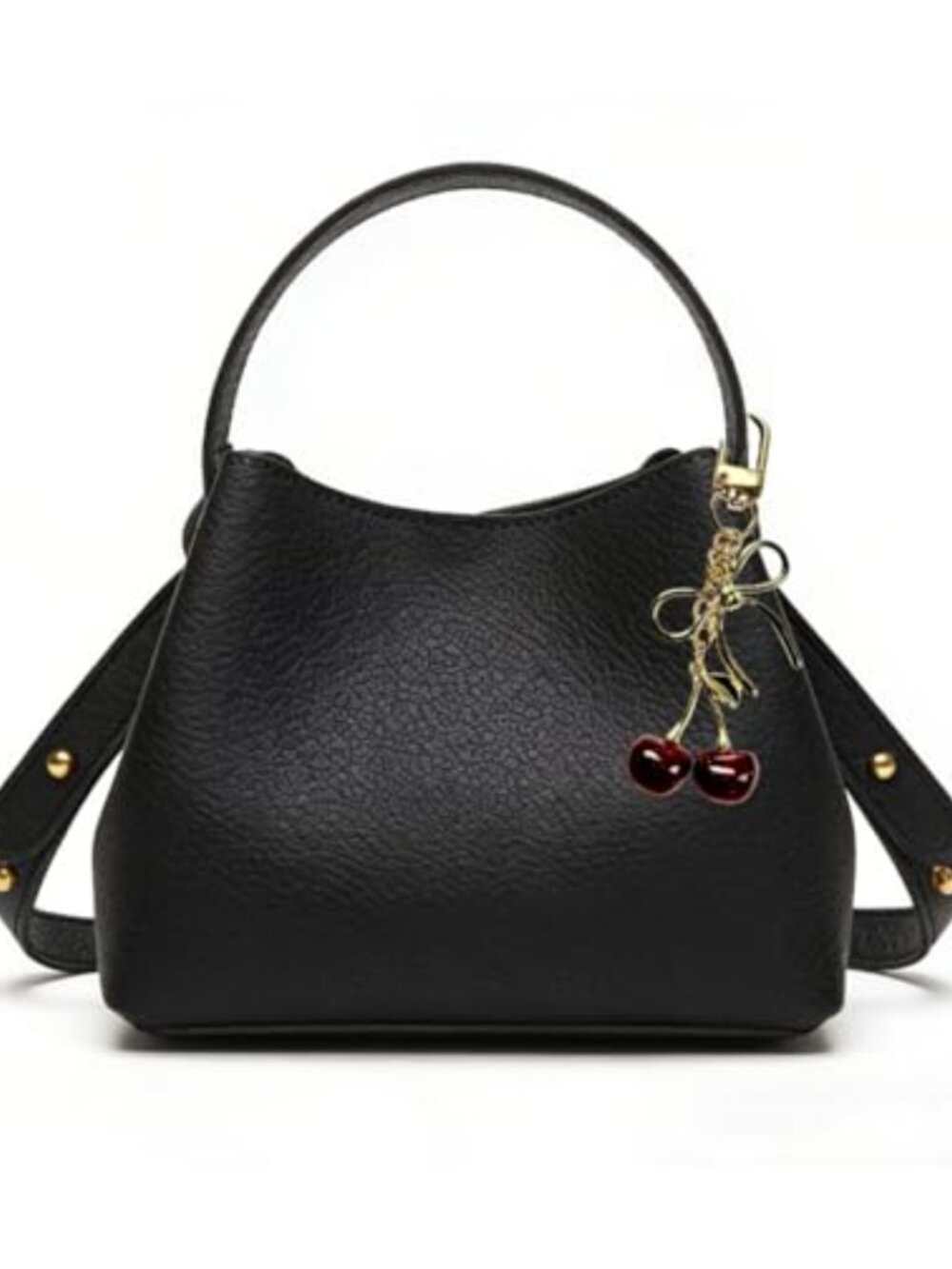 Faux Leather Bucket Bag Small PU Leather Handbag with Cherry Charm